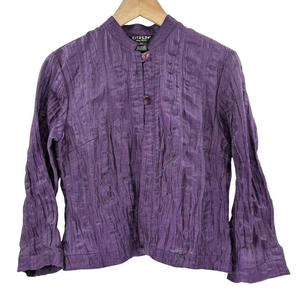 CITRON Santa Monica Linen Nylon Crinkled Mandarin Collar Blouse PS Asian Boho
